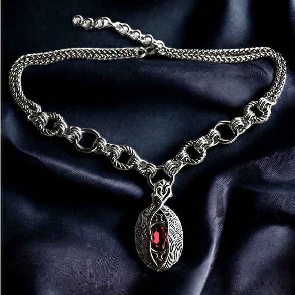 stainless steel necklace double wheat chain angel wings red stone charm . - Picture 5 of 13